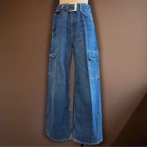 Reformation Cary Cargo Wide Leg Slouchy Belted Jeans Blue